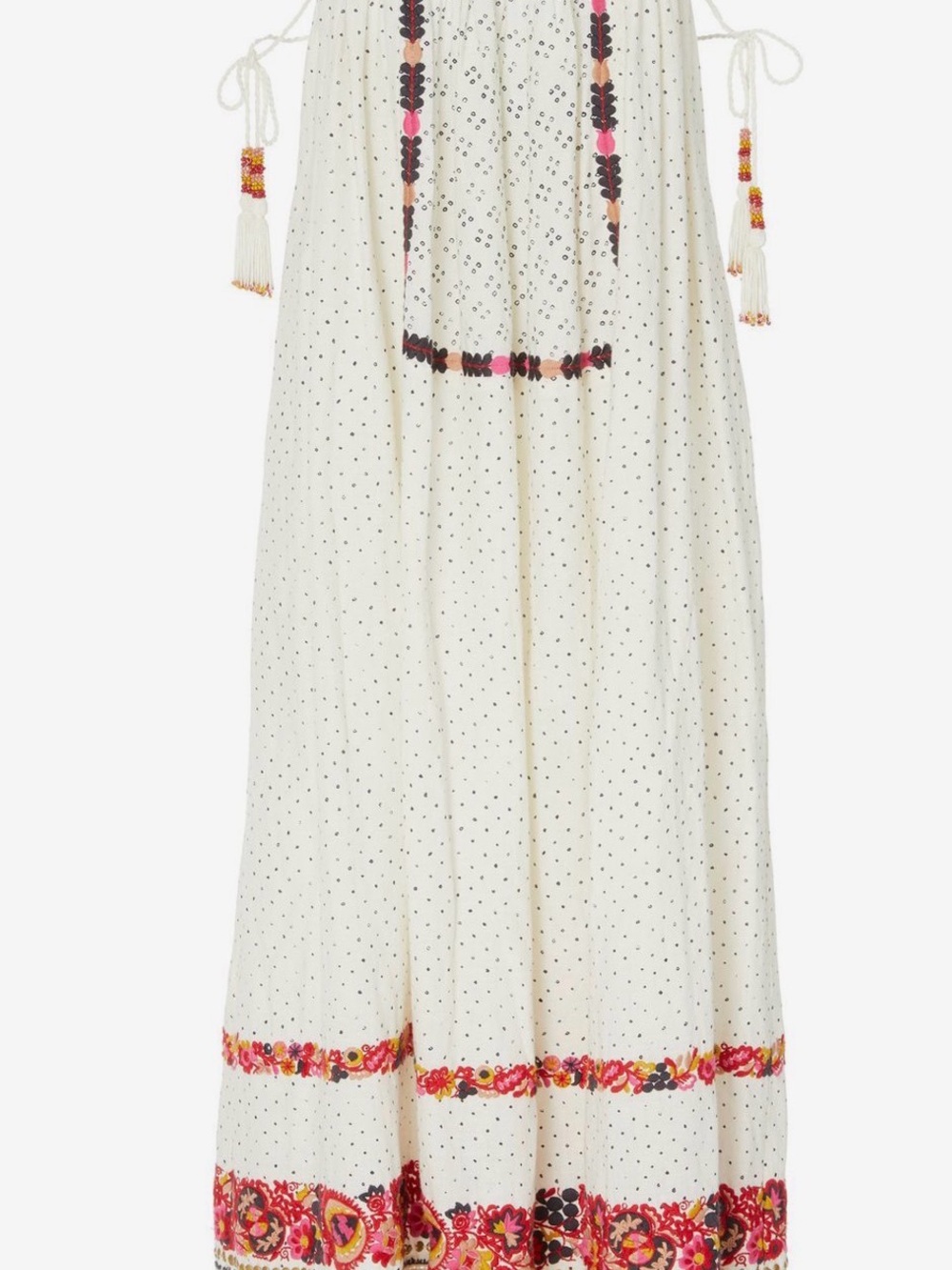 Ulla Johnson Nara Cream Dress with Black Dot Print and Pink Embroidery